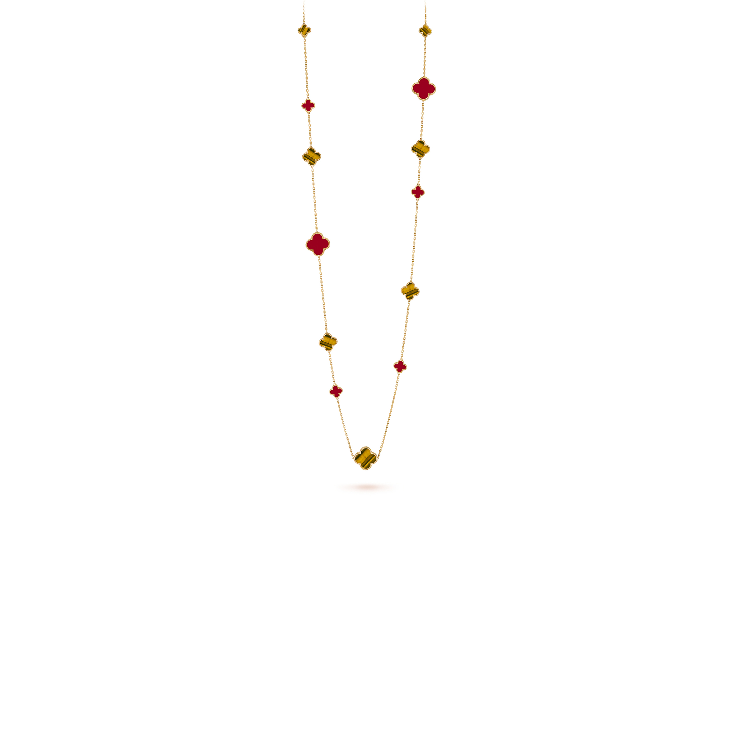 VAN CLEEF ARPELS MAGIC ALHAMBRA LONG NECKLACE, 16 MOTIFS - YELLOW GOLD, CARNELIAN, TIGER EYE  VCARN5JO00